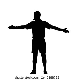 Black silhouette of a referee with arms outstretched holding a whistle against a white background. The style is simple and graphic.
