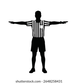 Black silhouette of a referee signaling a pause against a white background. The referee is depicted in a striped shirt and shorts. The style is simple and vector based.