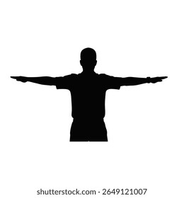 A black silhouette of a referee signaling a pause with arms outstretched against a white background The image is a simple vector illustration