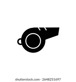 A black silhouette of a referee whistle is shown against a white background The image is a simple vector graphic with a flat design style.