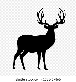 Black silhouette of reindeer with big horns isolated on transparent background. Vector illustration, icon, clip art, sign, symbol of deer for design.