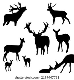 Black silhouette of reindeer with horns, deer isolated on white background. Set. Sticker Cutting plotter. Laser cutting. New Year decoration