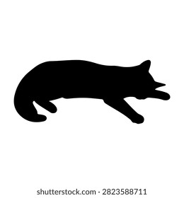 Black silhouette of a relaxed cat lying on its side, showcasing a playful and calm posture, isolated on a white background.