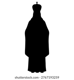 A black silhouette of a religious figure, possibly a saint or deity, wearing a crown and robes.