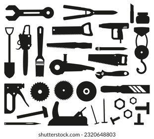 Black Silhouette of repair tools, construction tools, isolated on white background