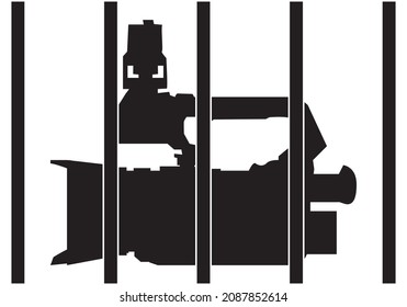 
Black silhouette of a reporter camera behind the bars of a prison or jail. Lack of freedom of expression