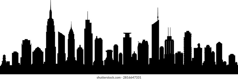 Black silhouette representation of modern metropolis skyline showing diverse tall buildings and corporate office towers for design.