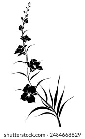 Black silhouette representing a flower stalk blooming with elegant flowers and long leaves