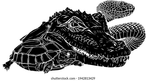 black silhouette of reptiles and amphibians. Wild Crocodile, snake, turtle and frog