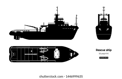 Black silhouette of rescue ship on white background. Top, side and front view. Industry blueprint. Isolated drawing of boat. Vector illustration