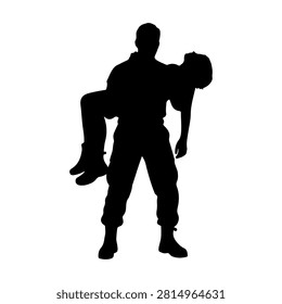 Black silhouette of a rescue worker carrying an injured person, symbolizing emergency response and assistance in critical situations.