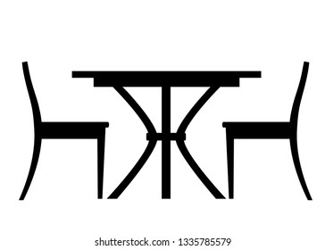 Black silhouette. Restaurant and cafe wooden table and two chairs. Flat vector illustration isolated on white background.