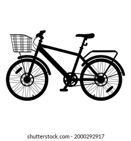 Black Silhouette Of Retro Bicycle, Cycle, Bike With Luggage Rack And Basket Isolated On White Background. Vector Illustration For Design, Flyer, Poster, Banner, Web, Advertising.