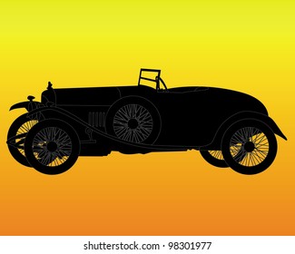 black silhouette of a retro car on an orange background