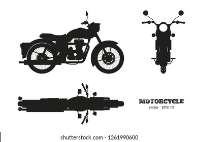 Black silhouette of retro classic motorcycle. Side, top and front view. Drawing of vintage motorbike on white background. Vector isolated illustration