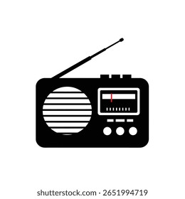 Silhueta preta de um rádio retro com antena contra um fundo branco. O rádio possui uma grade de alto-falante circular e controles simples. O estilo é minimalista e baseado em vetor.