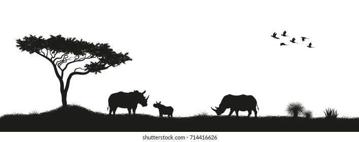 Black silhouette of rhinoceroses and trees in the savannah. Animals of Africa. African landscape. Panorama of wild nature. Vector illustration