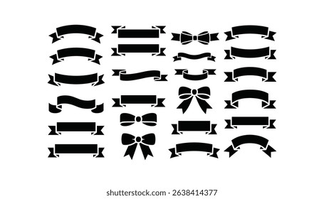 Black Silhouette Ribbon and Bow Vector Set Decorative Banner Elements Collection