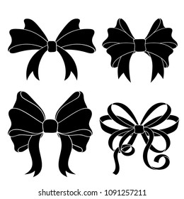 Black silhouette ribbon bows. Vector illustration isolated on white background