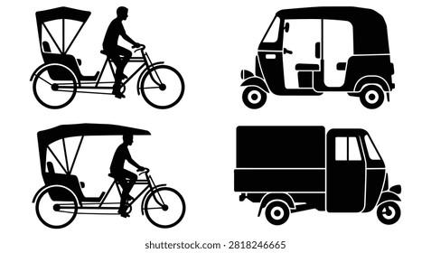 Black Silhouette Of Rickshaws And Three Wheeled Vehicles On White Background auto rickshaw