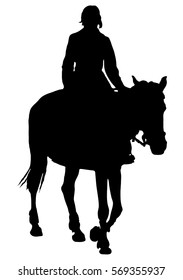 Black silhouette of a rider on a horse on a white background.