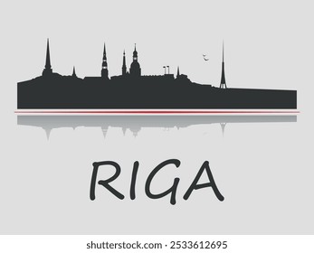 Black silhouette of Riga city skyline with reflection in the water, emphasized by red line. Vector on a gray background