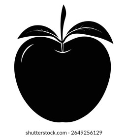 A black silhouette of a ripe apple with a stem and two leaves against a white background.