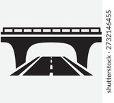 Black silhouette of a road passing under a bridge with white dashed lines underpass black and white