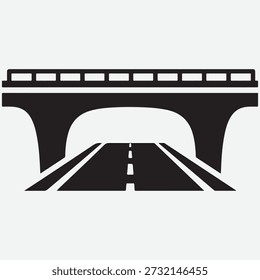 Black silhouette of a road passing under a bridge with white dashed lines underpass black and white