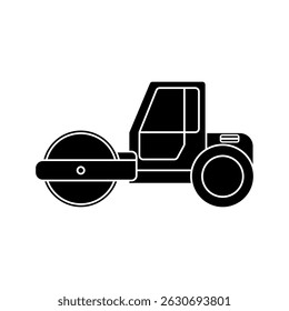Black silhouette of a road roller with large front and rear rollers. Minimalistic vector illustration, perfect for designs related to road construction, engineering and infographics.