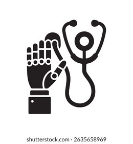 A black silhouette of a robotic hand holding a stethoscope on a white isolated background image art