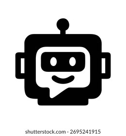 A black silhouette of a robot's head features a white speech bubble with a smiling face, symbolizing a friendly chatbot.