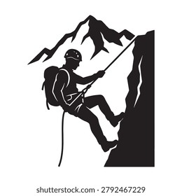 Black silhouette of rock climber ascending steep mountain cliff vector