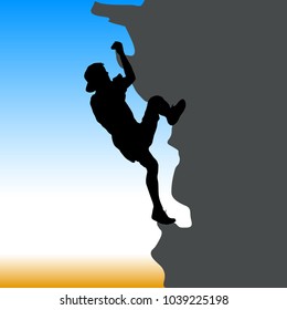 Black silhouette rock climber on against the blue sky.
