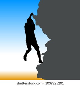 Black silhouette rock climber on against the blue sky.