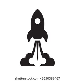 Black silhouette of a rocket launching with smoke and flames against a white background