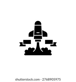 A black silhouette of a rocket launching with smoke billowing from its base, flanked by two blank banners, symbolizing a new beginning or project launch.
