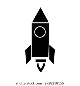 Uma silhueta preta de um foguete, apresentado como um ícone vetorial simples em um fundo branco. Este gráfico limpo simboliza o lançamento, a inovação, a exploração espacial, o crescimento de startups e o avanço tecnológico futuro.