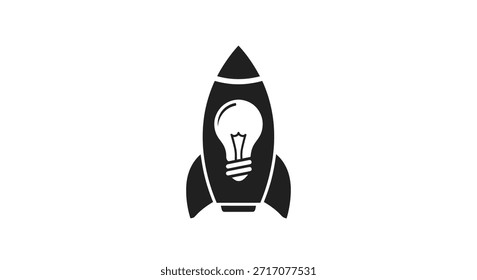 Uma silhueta preta de um foguete com uma lâmpada no interior, simbolizando uma nova ideia decolando ou uma empresa start-up lançando com inovação.