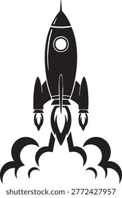 A black silhouette of a rocket ship taking off with flames and smoke, depicted in a stylized illustration style on a pure white background, conveying a sense of power and adventure in space exploratio