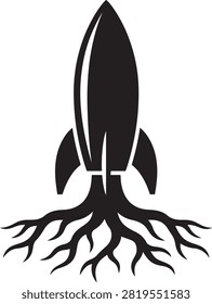 Black silhouette of a rocket ship with tree roots instead of fire, isolated on a white background, concept of growth and space