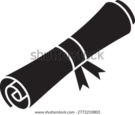 Black silhouette of a rolled diploma scroll with ribbon for graduation ceremony and educational achievement concept isolated on white background