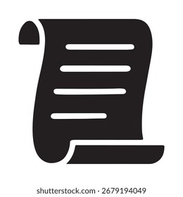 Uma silhueta preta de um documento sumariado com linhas horizontais representando texto, simbolizando um pergaminho ou papel antigo.