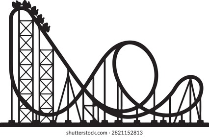 Black silhouette of a roller coaster track with a train climbing the steep hill, isolated on a white background