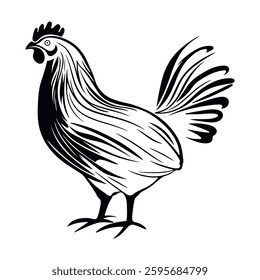 A black silhouette of a rooster in a bold, graphic style. Perfect for farm logos, agricultural branding, or rustic designs. Template for laser cutting wall art. Vector illustration isolated on white.