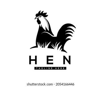 black silhouette rooster chicken Hen natural grass view logo template illustration