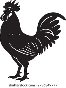 A black silhouette of a rooster in a distinctive crowing pose with its beak open and defined comb isolated on a white background representing morning farm life and minimalist animal design.