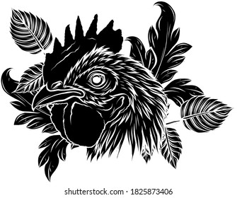 black silhouette Rooster head, realistic vector illustration art design