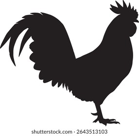Black silhouette of a rooster, isolated on white background. Vector illustration, suitable for various designs and applications.