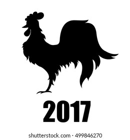 Black silhouette of rooster isolated on white background. Symbol of Chinese New year 2017. Vector illustration